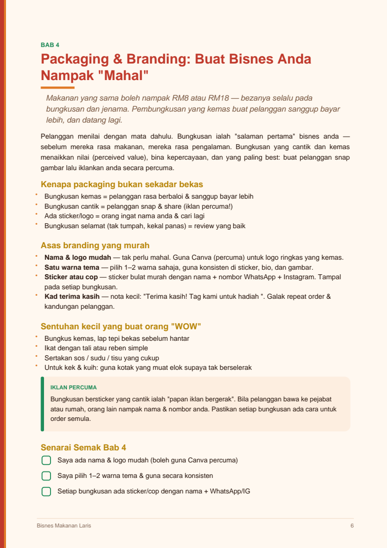 Contoh bab packaging dan branding dengan senarai semak