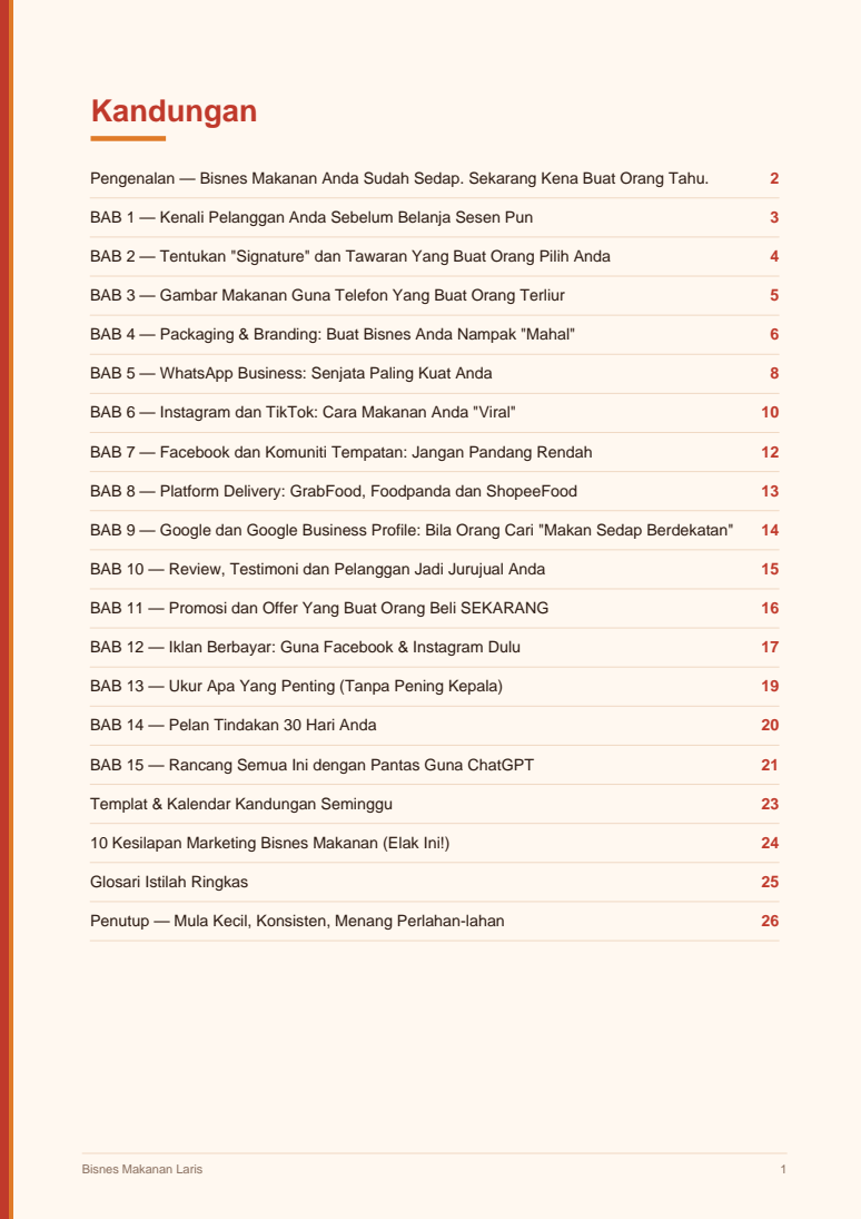Muka surat isi kandungan ebook marketing makanan